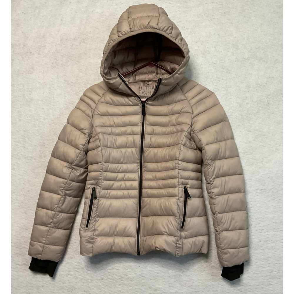 Love Tree Jacket Womens Small Beige Ultra Light Packable Hooded Puffer‎ Zip Up